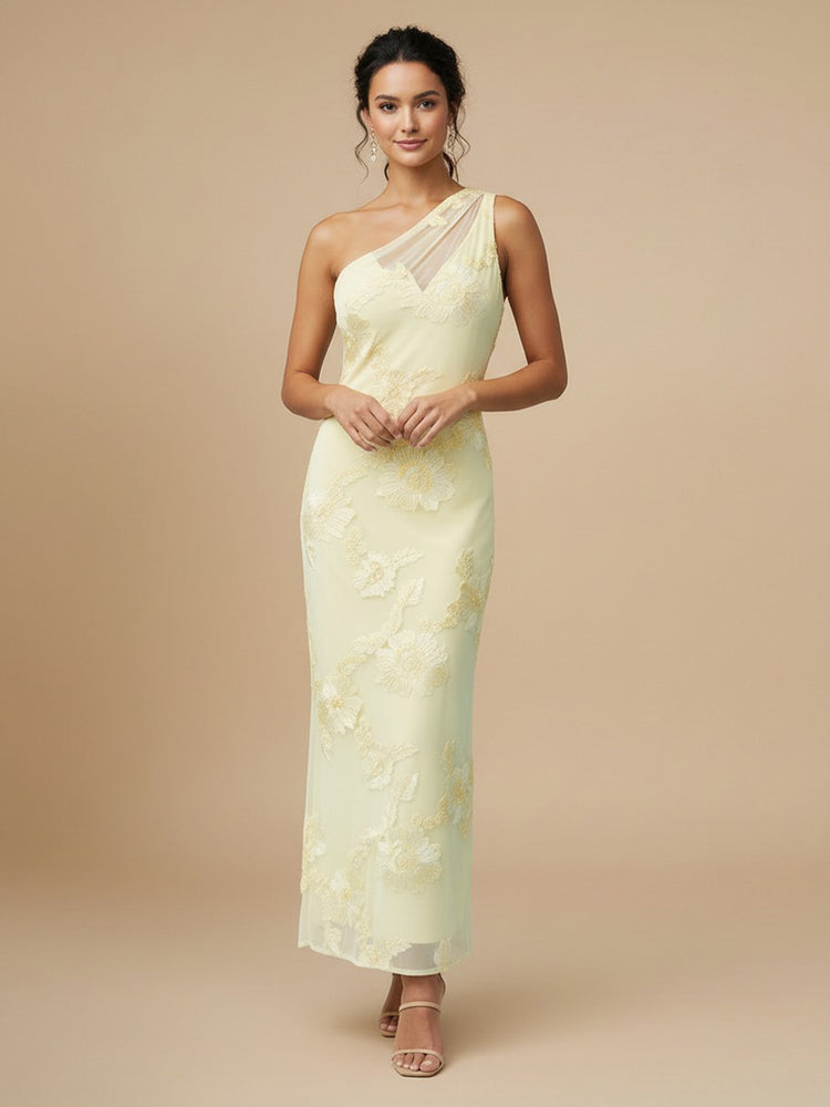 Tulle Mermaid One Shoulder Long Bridesmaid Dresses with Floral Embroidery