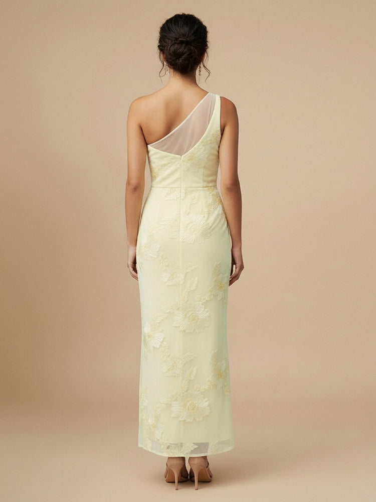 Tulle Mermaid One Shoulder Long Bridesmaid Dresses with Floral Embroidery