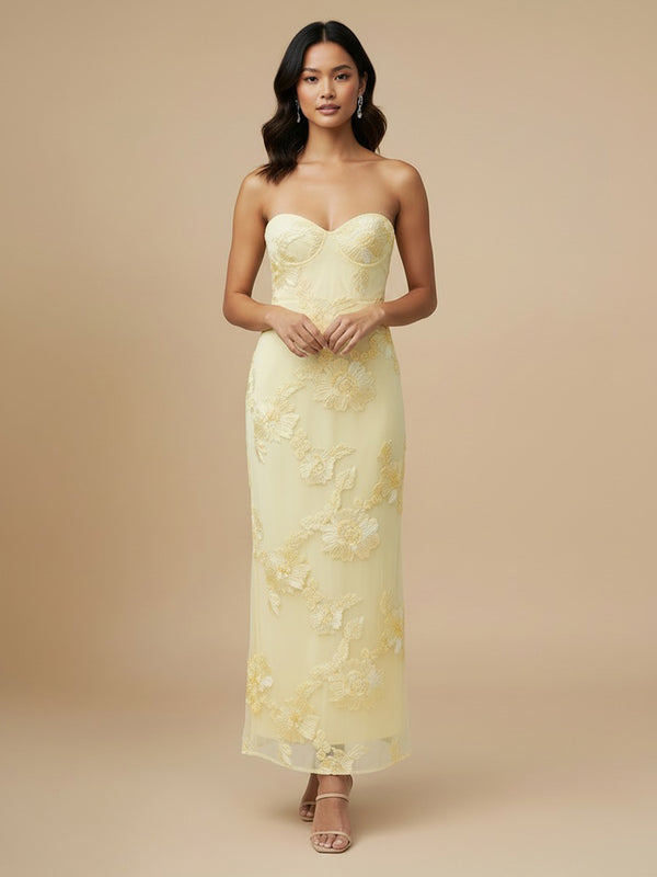 Tulle Mermaid Strapless Long Bridesmaid Dresses with Floral Embroidery
