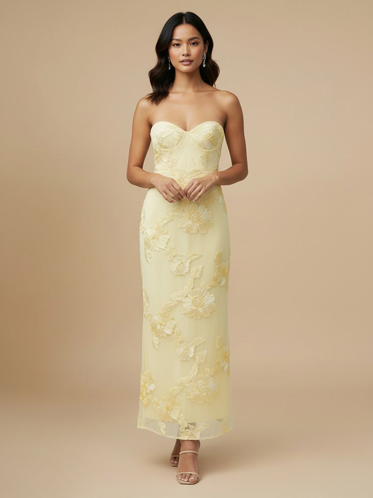 Tulle Mermaid Strapless Long Bridesmaid Dresses with Floral Embroidery