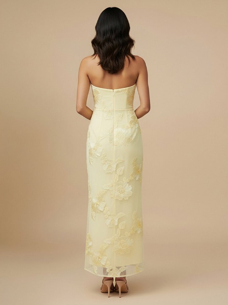 Tulle Mermaid Strapless Long Bridesmaid Dresses with Floral Embroidery