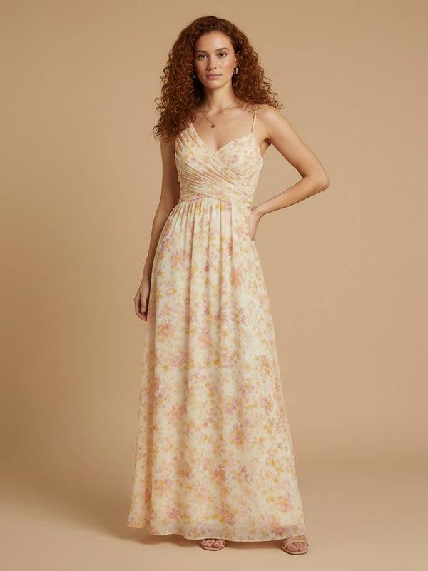 Chiffon Floral A-Line Asymmetric Neck Long Bridesmaid Dresses with Pleats