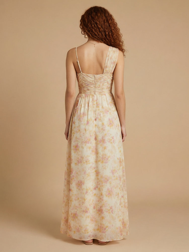 Chiffon Floral A-Line Asymmetric Neck Long Bridesmaid Dresses with Pleats