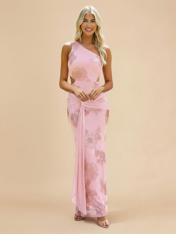 Chiffon Sheath One Shoulder Long Bridesmaid Dresses with Applique