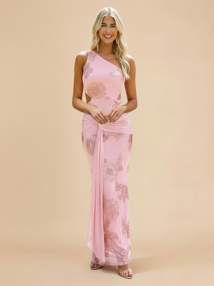 Chiffon Sheath One Shoulder Long Bridesmaid Dresses with Applique
