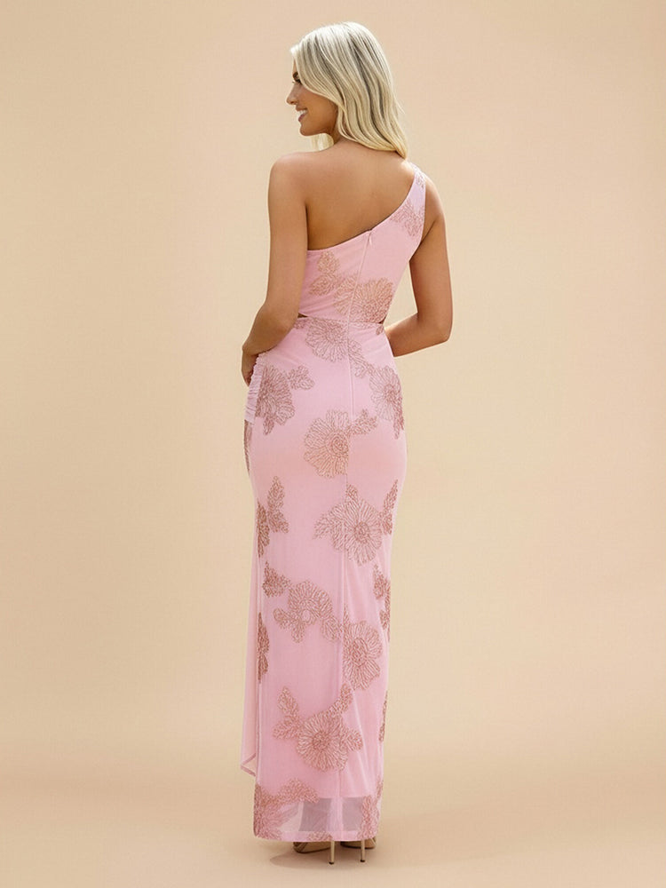Chiffon Sheath One Shoulder Long Bridesmaid Dresses with Applique