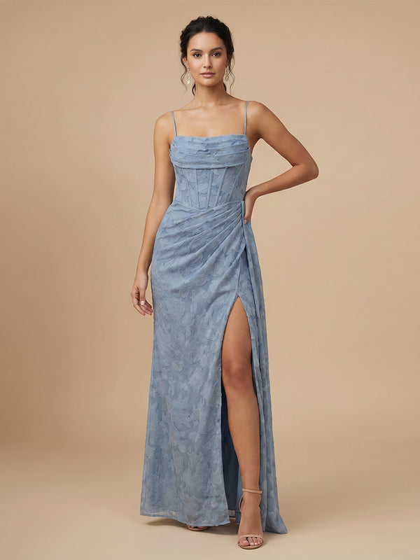 Jacquard A-Line Spaghetti Straps Long Bridesmaid Dresses with Side Slit