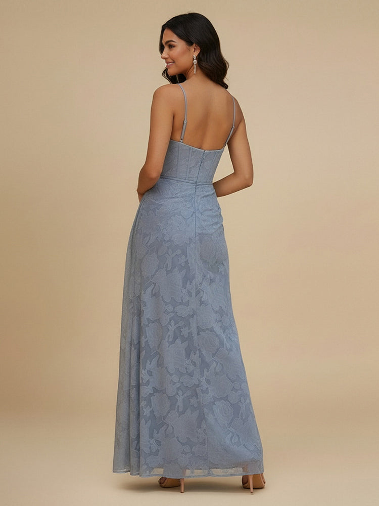 Jacquard A-Line Spaghetti Straps Long Bridesmaid Dresses with Side Slit