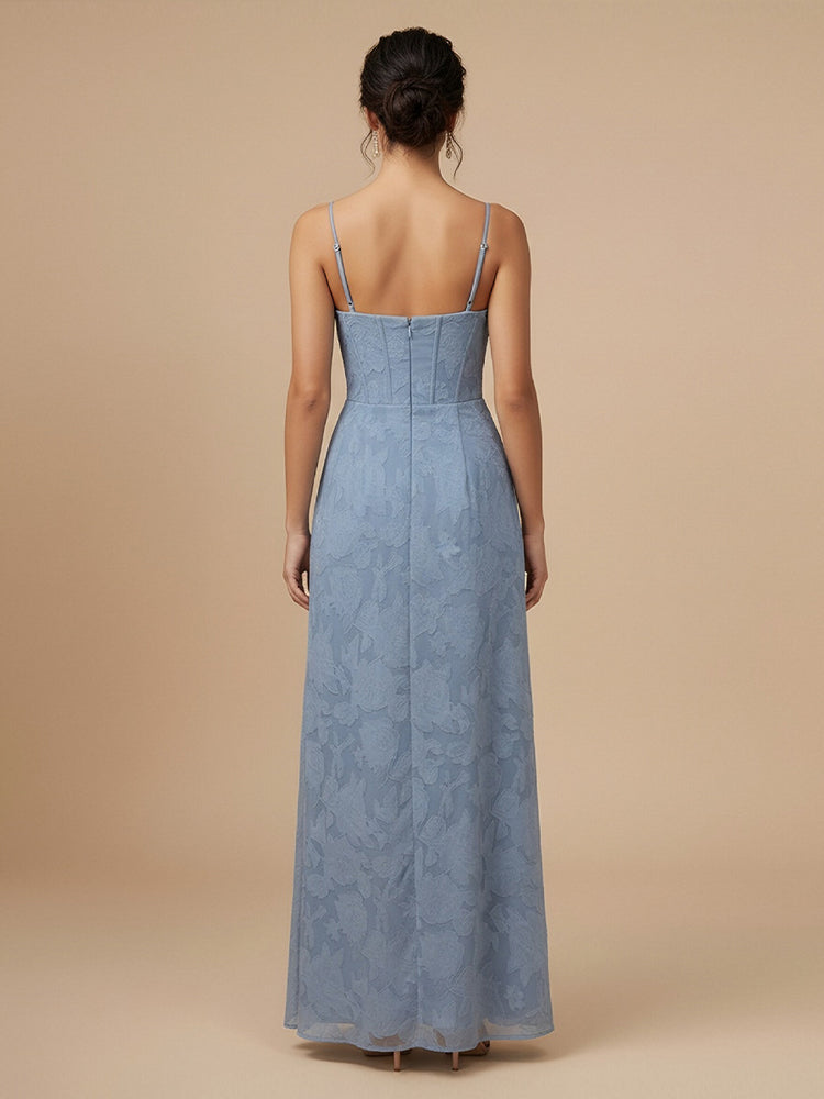 Jacquard A-Line Spaghetti Straps Long Bridesmaid Dresses with Side Slit