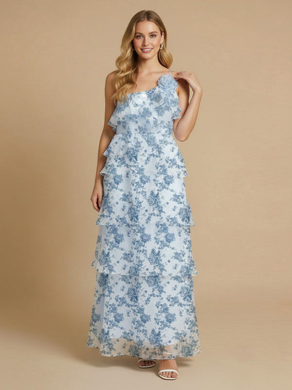 Chiffon Floral A-Line One Shoulder Long Bridesmaid Dresses with Ruffles