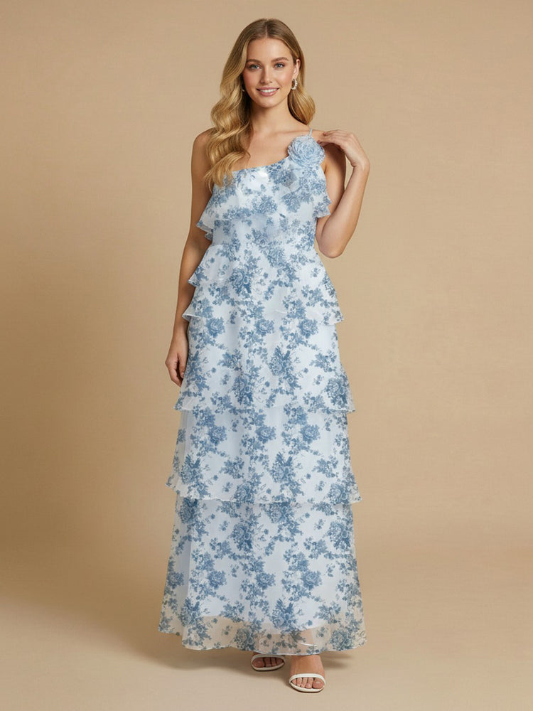Chiffon Floral A-Line One Shoulder Long Bridesmaid Dresses with Ruffles