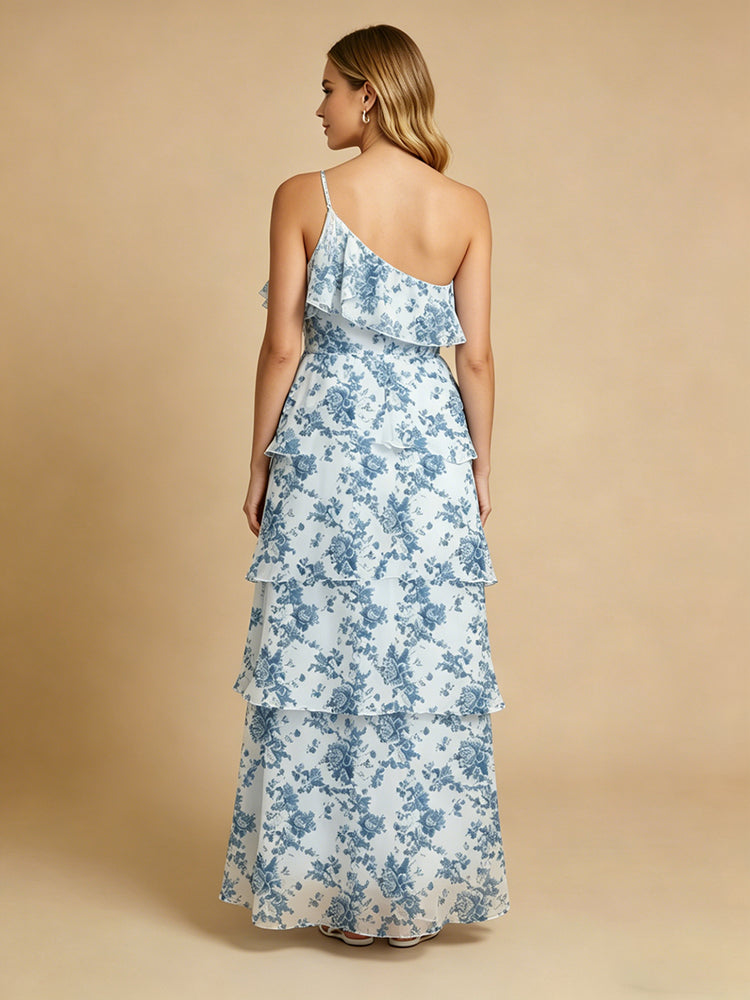 Chiffon Floral A-Line One Shoulder Long Bridesmaid Dresses with Ruffles