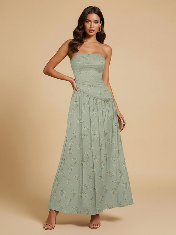 Floral A-Line Strapless Long Bridesmaid Dresses with Pleats