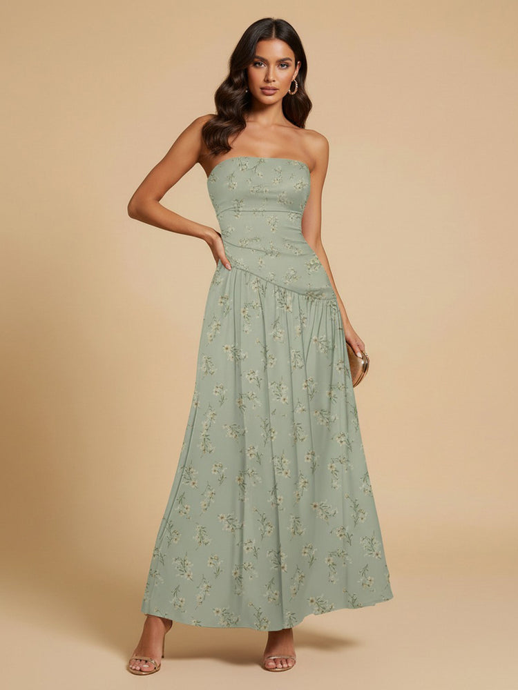 Floral A-Line Strapless Long Bridesmaid Dresses with Pleats