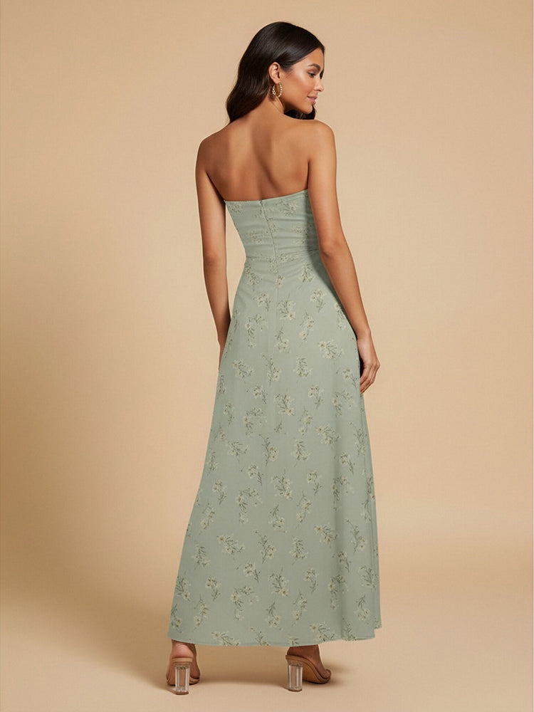 Floral A-Line Strapless Long Bridesmaid Dresses with Pleats