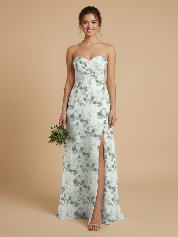 Chiffon Floral A-Line Sweetheart Long Bridesmaid Dresses with Front Slit