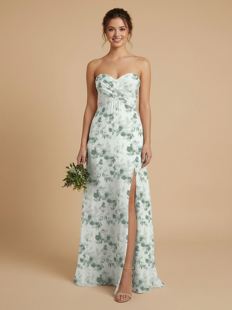 Chiffon Floral A-Line Sweetheart Long Bridesmaid Dresses with Front Slit