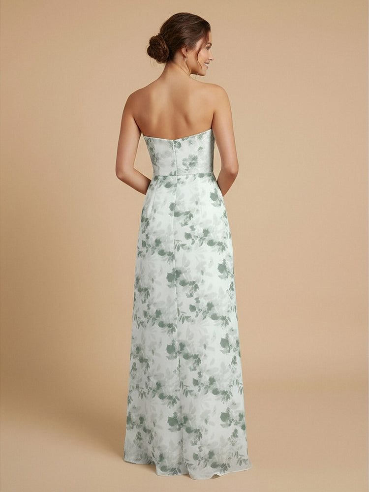 Chiffon Floral A-Line Sweetheart Long Bridesmaid Dresses with Front Slit
