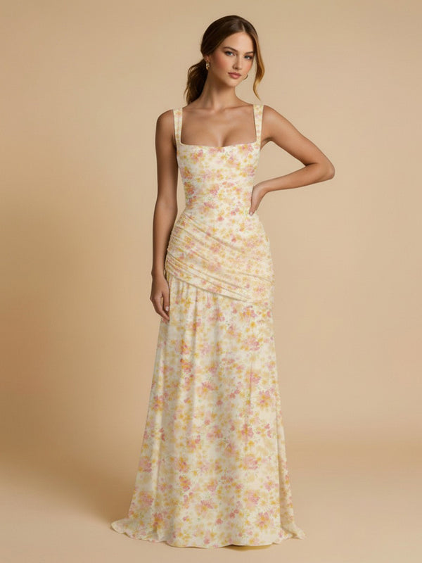 Chiffon Floral A-Line Square Neck Long Ruched Bridesmaid Dresses