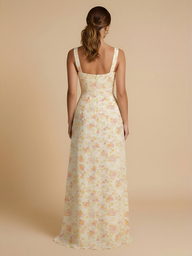 Chiffon Floral A-Line Square Neck Long Ruched Bridesmaid Dresses