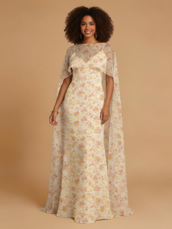 Floral Mermaid Spaghetti Straps Long Bridesmaid Dresses with Cape