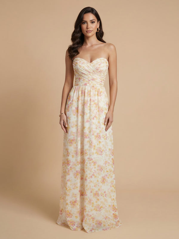 Chiffon Floral A-Line Strapless Long Bridesmaid Dresses with Pleats