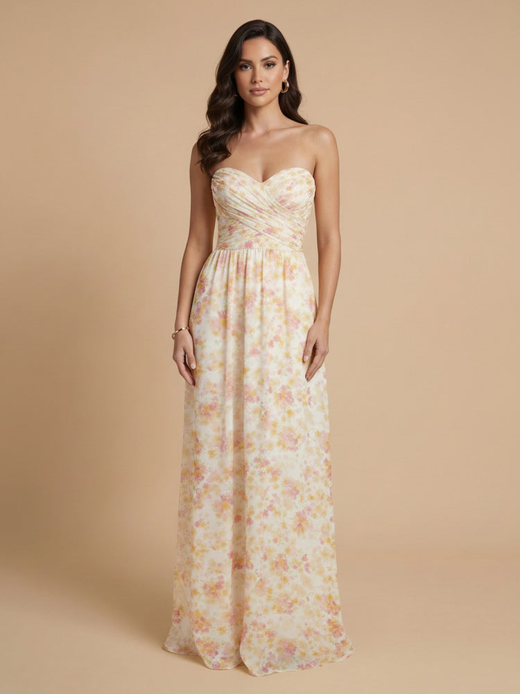 Chiffon Floral A-Line Strapless Long Bridesmaid Dresses with Pleats