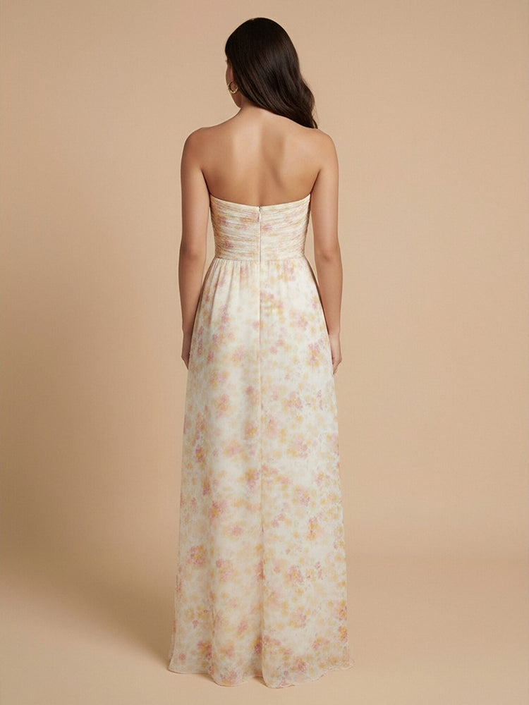 Chiffon Floral A-Line Strapless Long Bridesmaid Dresses with Pleats