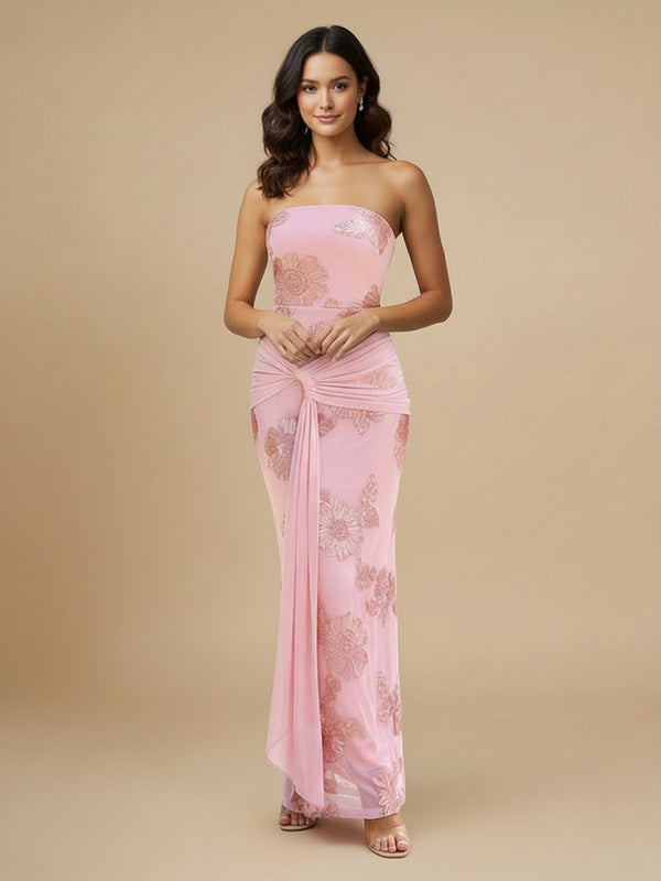 Chiffon Sheath Strapless Long Bridesmaid Dresses with Applique