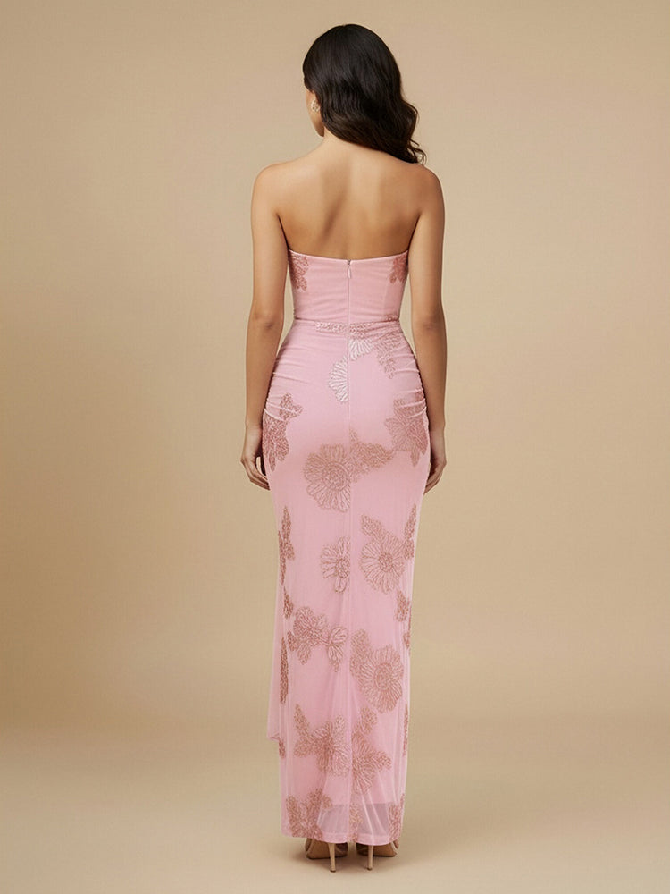 Chiffon Sheath Strapless Long Bridesmaid Dresses with Applique