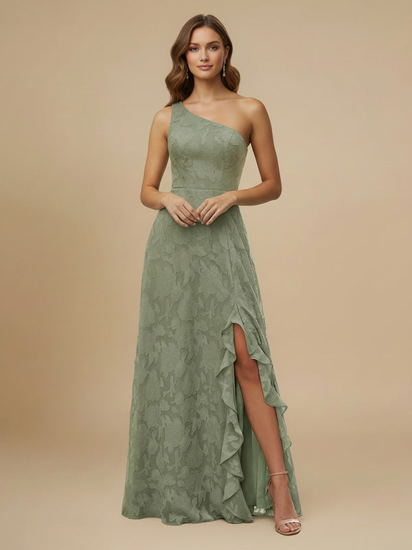 Jacquard A-Line One Shoulder Long Bridesmaid Dresses with Slit