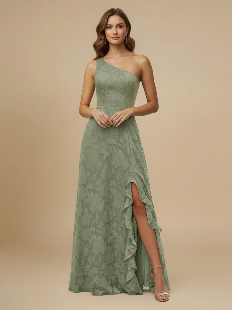 Jacquard A-Line One Shoulder Long Bridesmaid Dresses with Slit