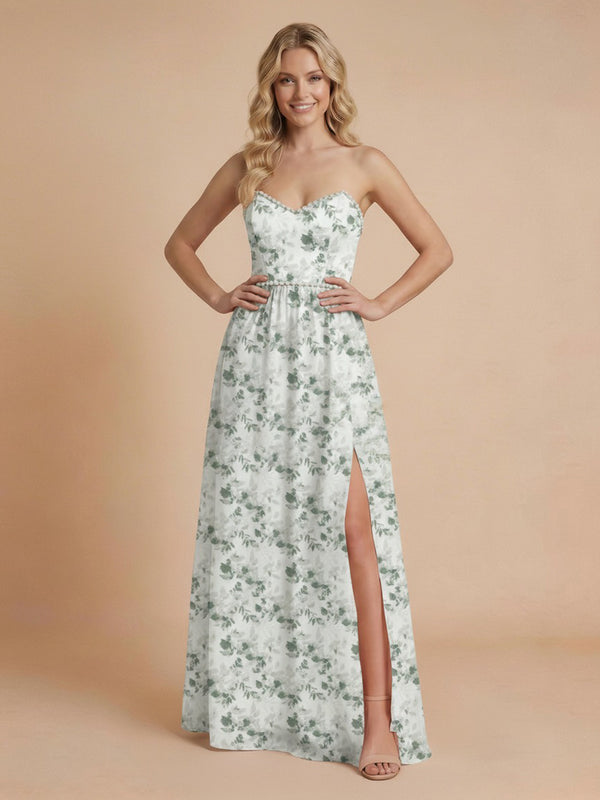 Floral A-Line Strapless Long Beaded Bridesmaid Dresses with Slit