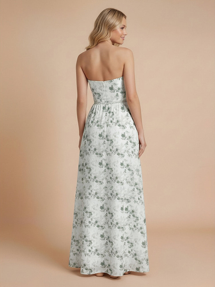 Floral A-Line Strapless Long Beaded Bridesmaid Dresses with Slit