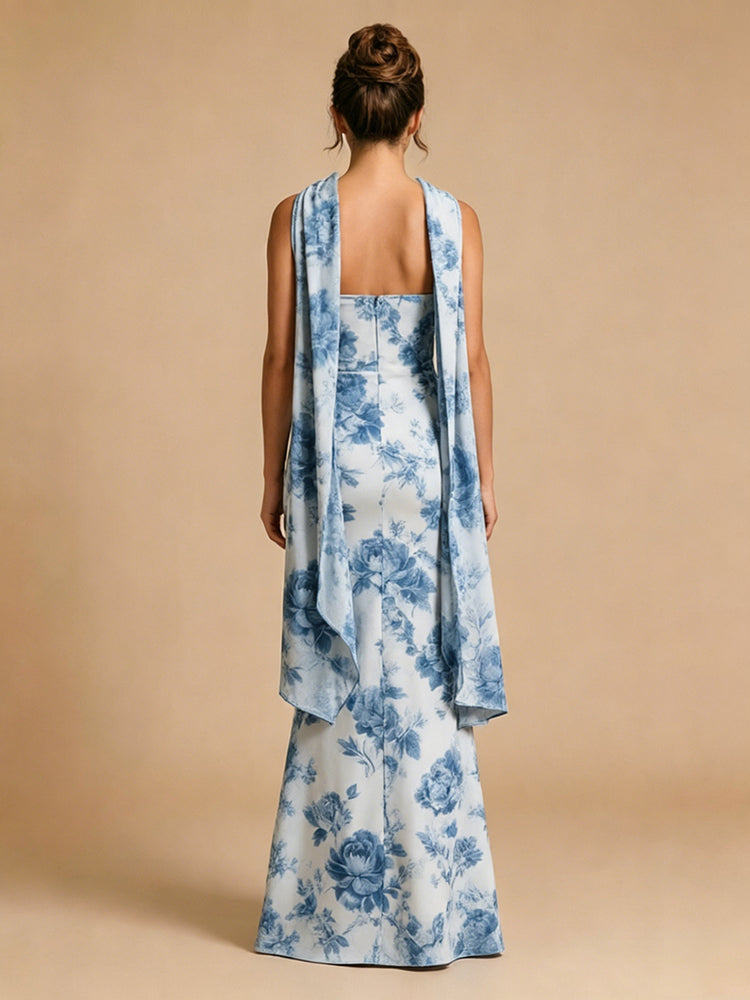 Satin Mermaid Strapless Long Bridesmaid Dresses with Scarf