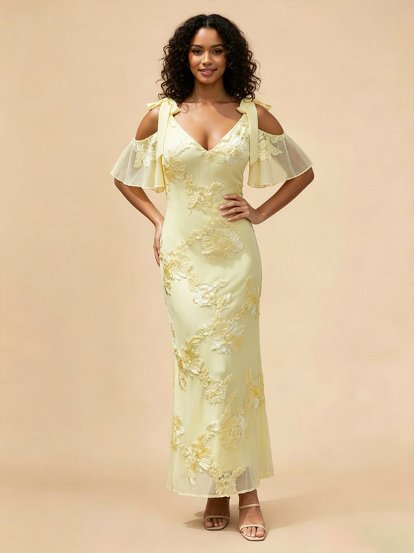Tulle Mermaid V Neck Long Bridesmaid Dresses with Floral Embroidery