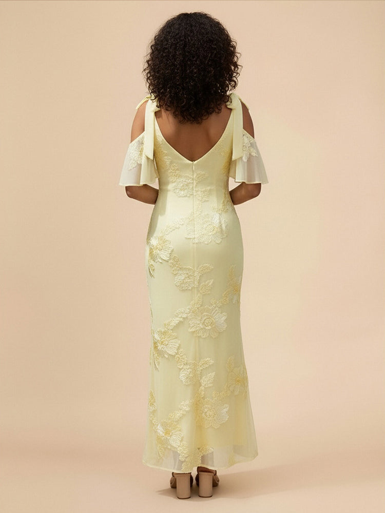 Tulle Mermaid V Neck Long Bridesmaid Dresses with Floral Embroidery