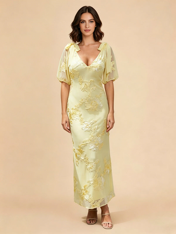 Tulle Sheath V Neck Long Bridesmaid Dresses with Floral Embroidery