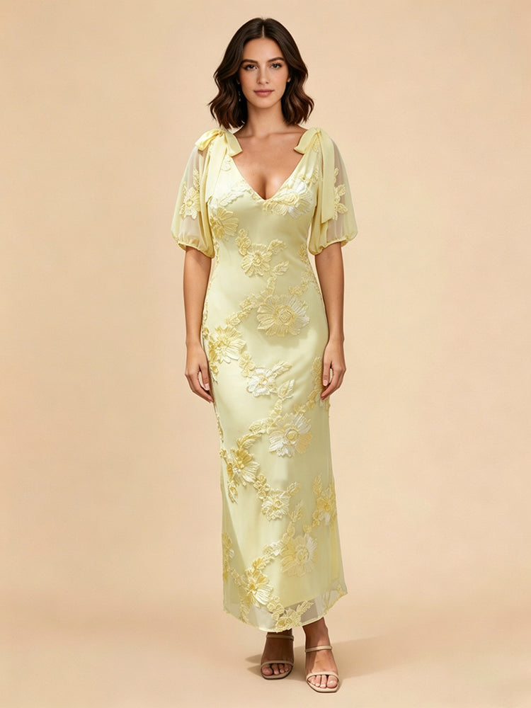 Tulle Sheath V Neck Long Bridesmaid Dresses with Floral Embroidery