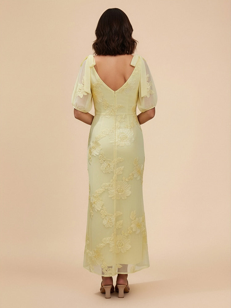 Tulle Sheath V Neck Long Bridesmaid Dresses with Floral Embroidery