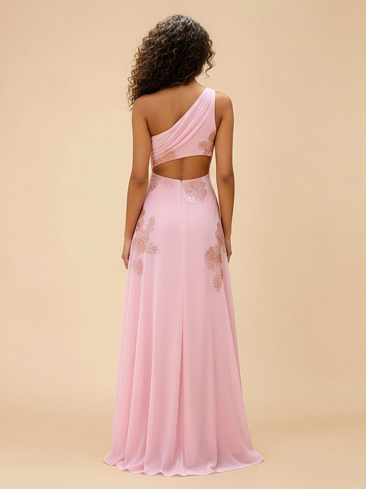 Chiffon Mermaid One Shoulder Long Bridesmaid Dresses with Applique