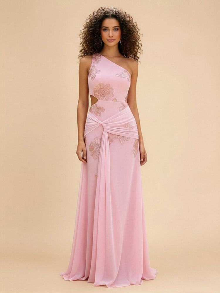 Chiffon Mermaid One Shoulder Long Bridesmaid Dresses with Applique