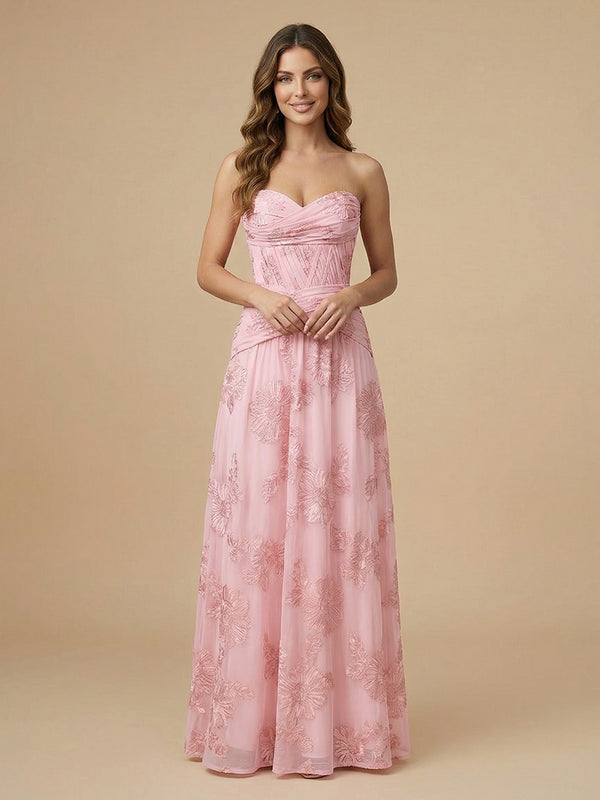 Chiffon Floral A-Line Sweetheart Long Bridesmaid Dresses with Applique