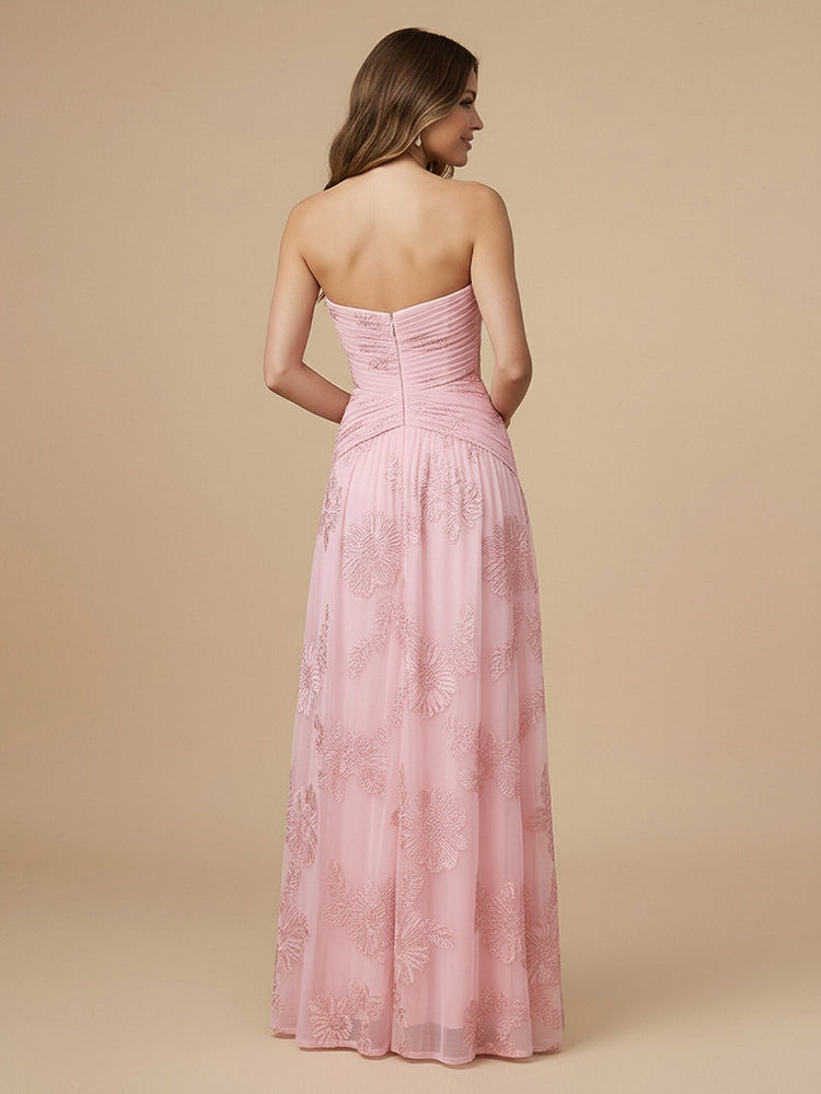 Chiffon Floral A-Line Sweetheart Long Bridesmaid Dresses with Applique