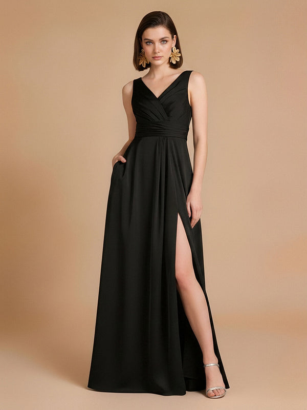 Satin A-Line V Neck Long Bridesmaid Dresses with Side Slit