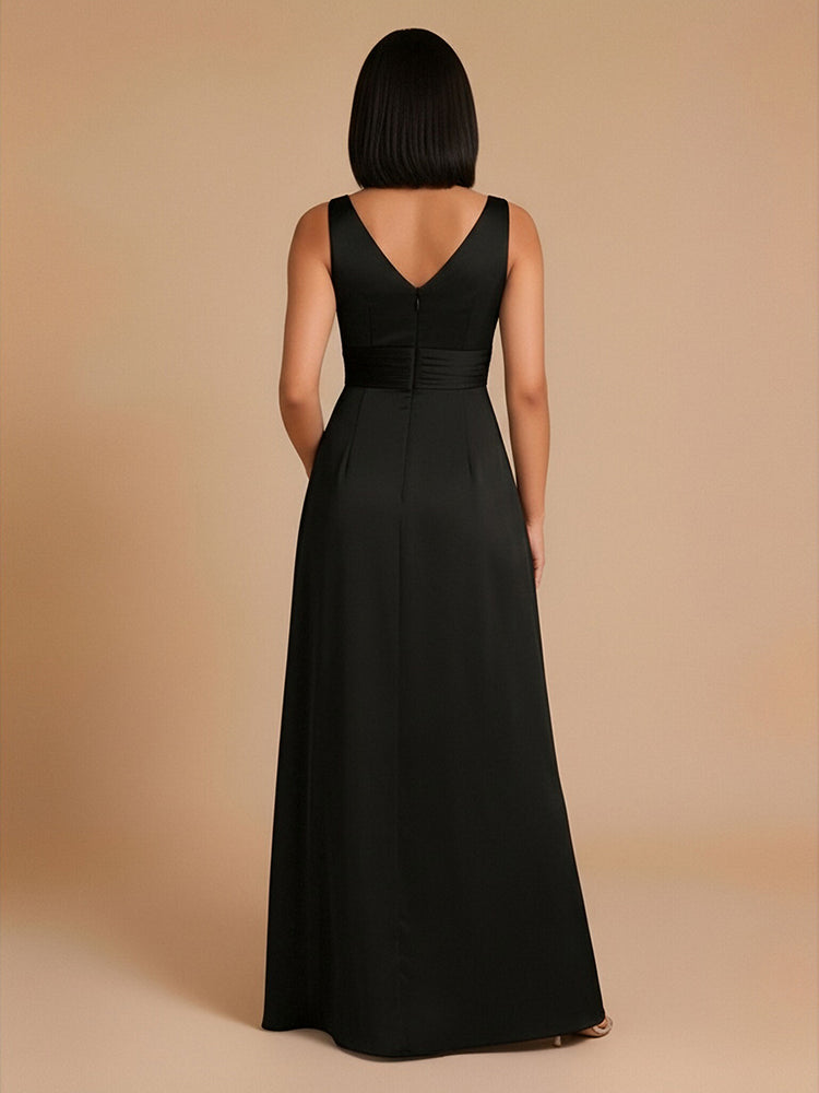 Satin A-Line V Neck Long Bridesmaid Dresses with Side Slit