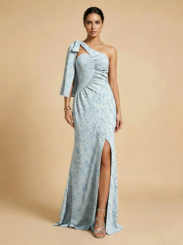 Floral Mermaid One Shoulder Long Bridesmaid Dresses with Slit
