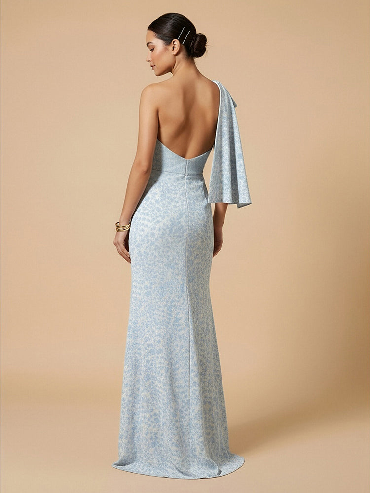 Floral Mermaid One Shoulder Long Bridesmaid Dresses with Slit