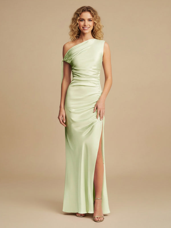 Satin Mermaid One Shoulder Long Bridesmaid Dresses with Side Slit