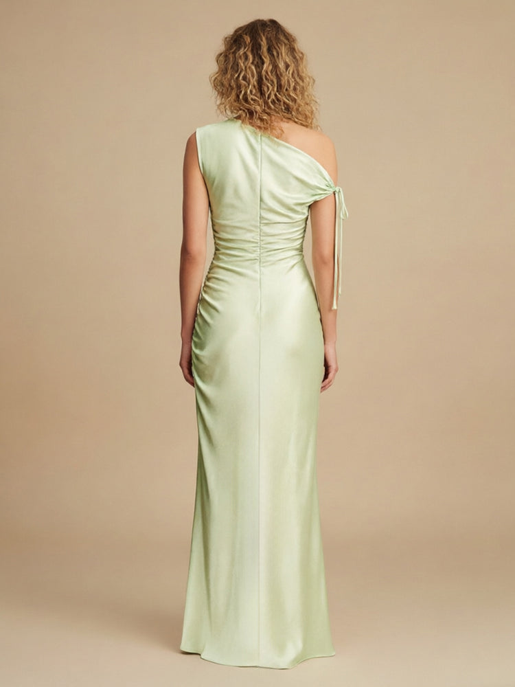 Satin Mermaid One Shoulder Long Bridesmaid Dresses with Side Slit